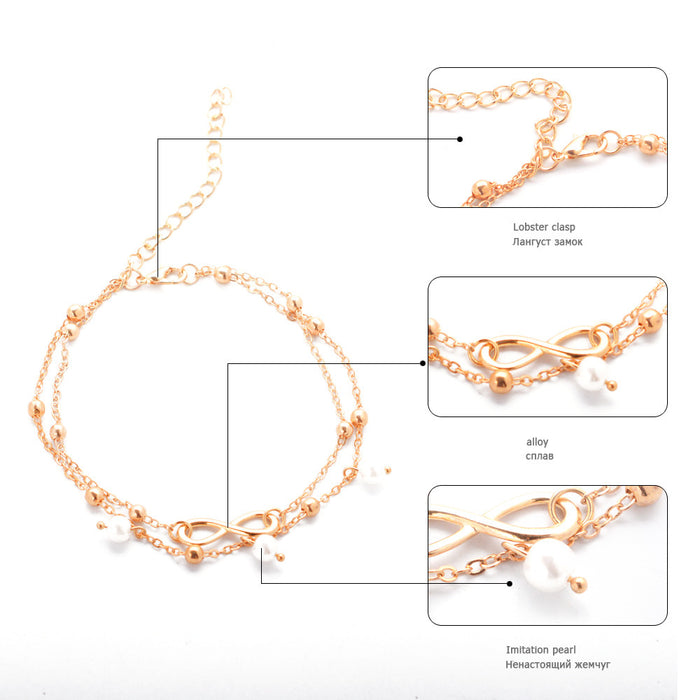 Women's Alloy Anklet With 8-shaped Double-layer Pearls