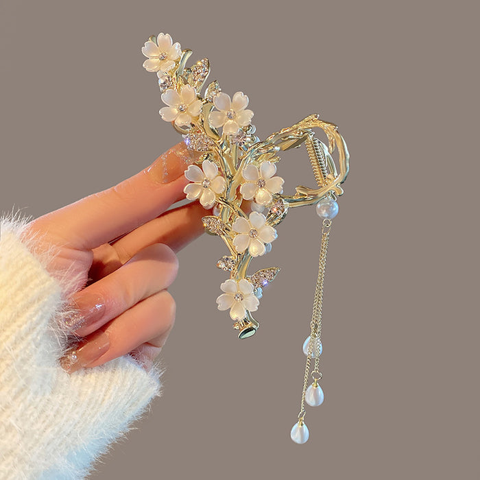 Large Metal Pearl Bell Orchid Tassel Hair Clip